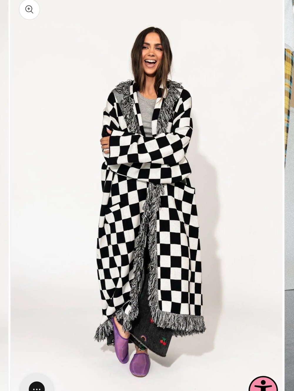 Luxe Fringe Blanket Cardigan in Black + White Check - Picture 3 of 7